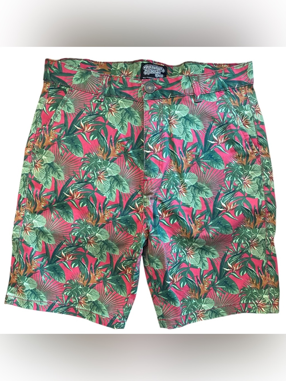AussieBum Authentic Chino Shorts Mens Size Small Pink Green Tropical Leaf Print